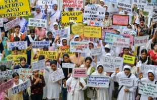 Members representing Assam Christian Forum and CRI-NEI in India take part in a solidarity prayer meeting for restoration of peace in Manipur after ethnic violence at a school in Guwahati on June 24, 2023. Credit: BIJU BORO/AFP via Getty Images