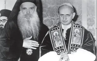 After traveling to Istanbul on July 25, 1967, for a celebration at the Cathedral of the Holy Spirit, the pope visited the Orthodox patriarchal Church of St. George with the ecumenical patriarch, Athenagoras I, Orthodox archbishop of Constantinople, three years after exchanging a kiss of peace together during a pilgrimage and peace tour of the Holy Land. Credit: Marius Pelletier