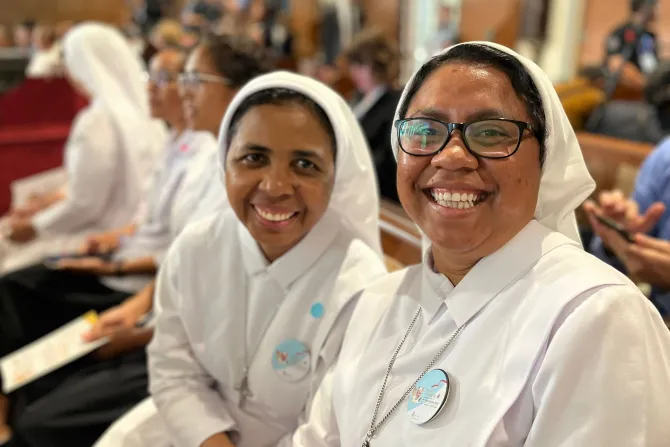 Sr. Aurelia and Sister Franselim from the Sisters of Notre Dame (SND) congregation at the encounter with Pope Francis in the Cathedral of Our Lady of the Assumption in Jakarta, Indonesia, Sept. 4, 2024.