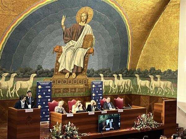 From left: Sister Myriam Castelli, Karen Floyd, Patrizia Marin, Bonnie Carroll, and Sait Saiti speak at the World Changers Ethical & Innovation Summit at the Pontifical Lateran University in Vatican City, Nov. 26, 2024. Credit: Courtney Mares/CNA