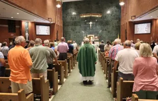 Parishioners attend a July 2024 Mass at St. Peter Church in Quincy, Illinois. This parish is one of many participating in the “Family School Agreement” meant to increase regular Mass attendance and activity among parishioners. Credit: Randy Dickerman