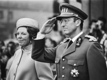 King Baudouin salutes during the playing of the Belgian national anthem on March 31, 1981.