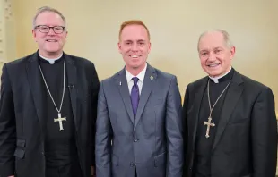 Bishop Robert Barron of Winona-Rochester, left, and Bishop Thomas Paprocki of Springfield with Andrew Hansen, director of communications for the Diocese of Springfield in Illinois. Credit: Diocese of Springfield