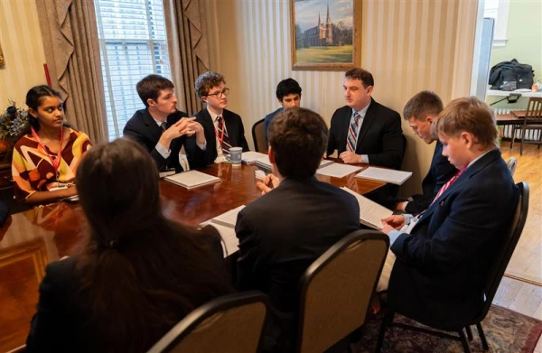 Robert Destro, professor of law at The Catholic University of America’s Columbus School of Law in Washington, D.C., and former assistant secretary of state for democracy, human rights, and labor, delivers a lecture to high school students during Belmont Abbey's Colloquium on Catholic Statesmanship, a four-day summer program for high school students, in 2023 at the original Belmont House. Credit: Belmont Abbey College