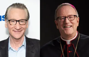 Bill Maher and Bishop Robert Barron. Credit: Noam Galai/Getty Images; National Eucharistic Congress