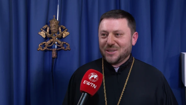 Bishop Mykola Bychok, CSsR, speaks to journalists on Dec. 6, 2024, ahead of being made a cardinal. The Ukrainian Greek Catholic prelate has served as eparch of Saints Peter and Paul of Melbourne since 2020. Credit: EWTN News