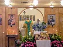 Bishop Robert Pipta of the Byzantine Catholic Eparchy of Parma, Ohio, celebrates a Divine Liturgy on Saturday, May 11, 2024, at the Byzantine chapel at Wyoming Catholic College, on the occasion of the installation and blessing of the new shrine.
