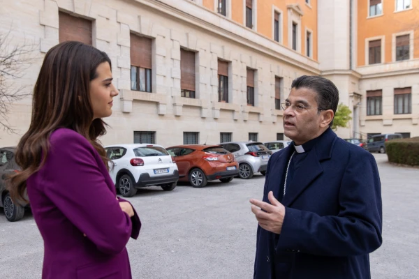 EWTN’s Paola Arriaza interviews Bishop Rolando José Álvarez Lagos, the Nicaraguan bishop of Matagalpa and apostolic administrator of Estelí, in Feb. 5, 2025, in Rome. Credit: Daniel Ibañez/CNA