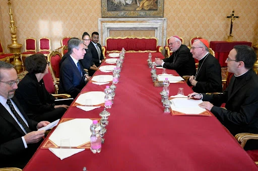 U.S. Secretary of State Antony Blinken meets with Cardinal Pietro Parolin, Vatican Secretary of State, and Archbishop Paul Gallagher, Secretary for Relations with States, during discussions at the Vatican on Nov. 27, 2024. The meeting focused on humanitarian efforts, peace in Ukraine, and the Middle East ceasefire. Credit: Vatican Media