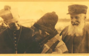 Monsignor Joseph Buh (1833–1922), the "patriarch of Duluth," was renowned for his love and care for the poor immigrant and Native American populations in northern Minnesota. Here Buh (far right) is pictured with the second bishop of Duluth, Timothy McNicholas, and local Indigenous leader Gah-Be-Nah-Quor-Yarca. Credit: Diocese of Duluth