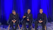 USCCB president Archbishop Timothy Broglio (left); Bishop Mark Seitz, head of the USCCB migration committee (center); and Bishop Michael Burbidge, chairman of the USCCB’s pro-life committee, speak to media at the USCCB fall plenary assembly on Nov. 12, 2024.  