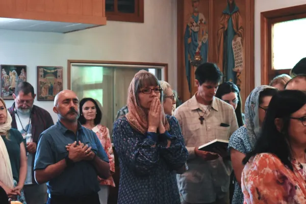 Attendees stand reverently throughout most of the Byzantine Divine Liturgy at Holy Protection of the Mother of God Byzantine Catholic Church in downtown Denver on June 8, 2024. Credit: Kate Quiñones/CNA