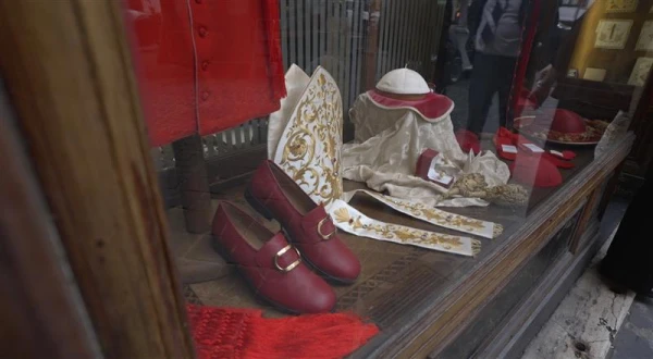 Gammarelli tailor shop has made the ecclesiastical garments of hundreds, perhaps thousands, of priests, bishops, and cardinals since it was opened in 1798 by Giovanni Antonio Gammarelli as a tailor for Roman clergy. The red shoes worn by Pope Benedict XVI during his pontificate are also no longer in fashion, but the shop likes to include out-of-use clerical wear in the window for historical interest. Credit: Sergio Natoli/EWTN News