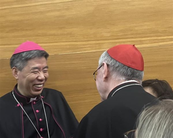 Shanghai Bishop Shen Bin speaks to Vatican Secretary of State Cardinal Pietro Parolin at a Vatican conference on Wednesday, May 22, 2024. Credit: Courtney Mares/CNA