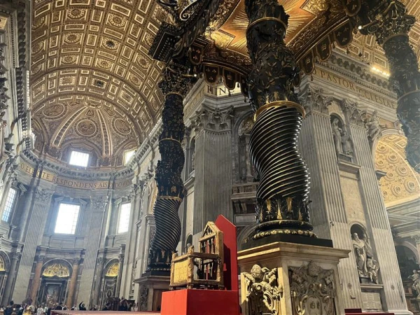 The historic wooden Chair of St. Peter as it is currently on display in St. Peter's Basilica. Credit: Courtney Mares/CNA