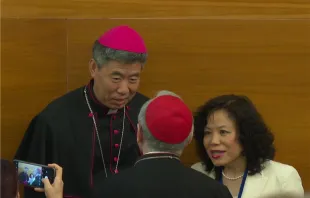 Shanghai Bishop Shen Bin speaks to Vatican Secretary of State Cardinal Pietro Parolin at a Vatican conference on Wednesday, May 22, 2024. Credit: Fabio Gonnella/EWTN