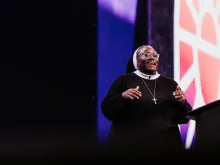 Sister Josephine Garrett gives a keynote talk at the 2024 National Eucharistic Congress in Indianapolis, which took place July 17–21, 2024.