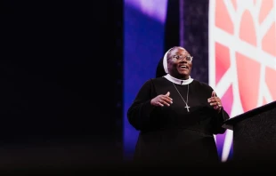 Sister Josephine Garrett gives a keynote talk at the 2024 National Eucharistic Congress in Indianapolis, which took place July 17–21, 2024. Credit: Casey Johnson in partnership with the National Eucharistic Congress