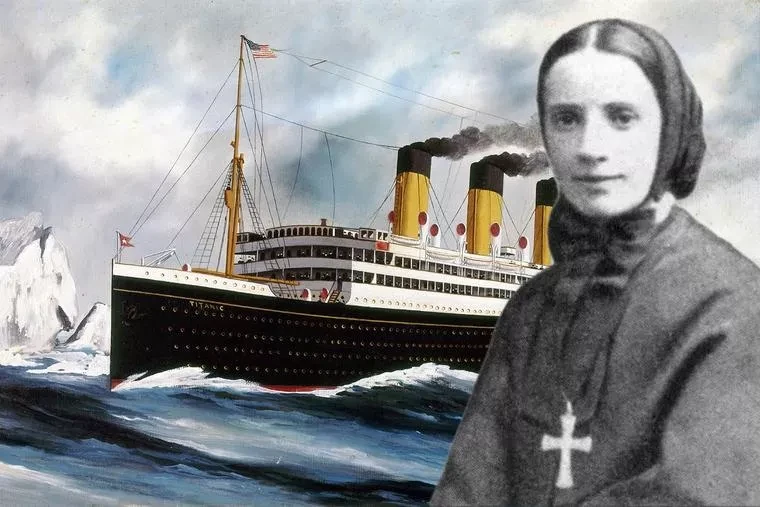 A photo of St. Frances Cabrini from 1880, the year she founded her order, is seen against a 1913 painting by Harry J. Jansen, “The Steamship Titanic.”?w=200&h=150