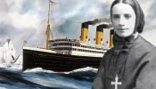 A photo of St. Frances Cabrini from 1880, the year she founded her order, is seen against a 1913 painting by Harry J. Jansen, “The Steamship Titanic.”