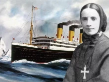 A photo of St. Frances Cabrini from 1880, the year she founded her order, is seen against a 1913 painting by Harry J. Jansen, “The Steamship Titanic.”