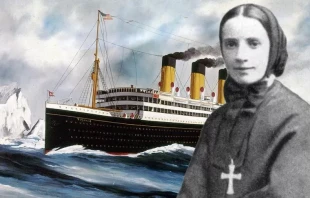 A photo of St. Frances Cabrini from 1880, the year she founded her order, is seen against a 1913 painting by Harry J. Jansen, “The Steamship Titanic.” Credit: National Maritime Museum, Greenwich, England, public domain via Wikimedia Commons