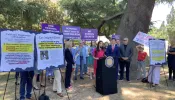 Sonja Shaw (center), president of the Chino Valley Unified School District in California, speaks at a press conference before the education committee hearing in the assembly on June 26, 2024.