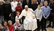 Pope Francis greets young cancer patients who are on pilgrimage from Poland to Rome during a Jan. 10, 2025, audience at the Vatican.