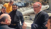 The Latin Patriarch of Jerusalem, Cardinal Pierbattista Pizzaballa speaks with Father Gabriel Romanelli, pastor of Holy Family Church, during his December 2024 visit to Gaza.