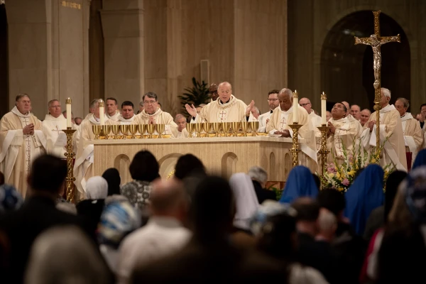 Cardinal Christophe Pierre, Cardinal Robert McElroy and Cardinal Wilton Gregory celebrate Mass at McElroy's installation as Archbishop of Washington. Credit: Patrick Ruddy/CNA