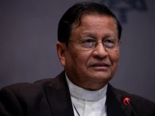 Cardinal Charles Bo speaks with journalists at a Synod on Synodality press briefing on Oct. 17, 2024.