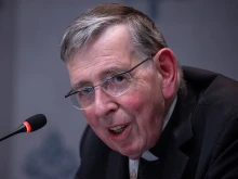 Cardinal Kurt Koch speaks to journalists at the Synod on Synodality press briefing held at the Vatican’s Holy See Press Office on Thursday, Oct. 10, 2024.