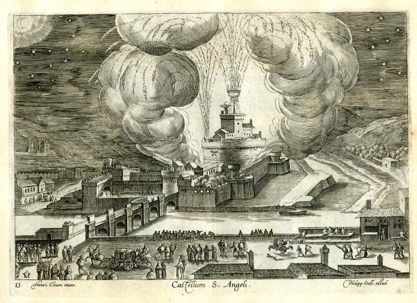 Sixteenth-century image of the Castel Sant’Angelo Fireworks by Hendrick van Cleve III can be seen in the British Museum. Credit: British Museum, Public domain via Wikimedia Commons