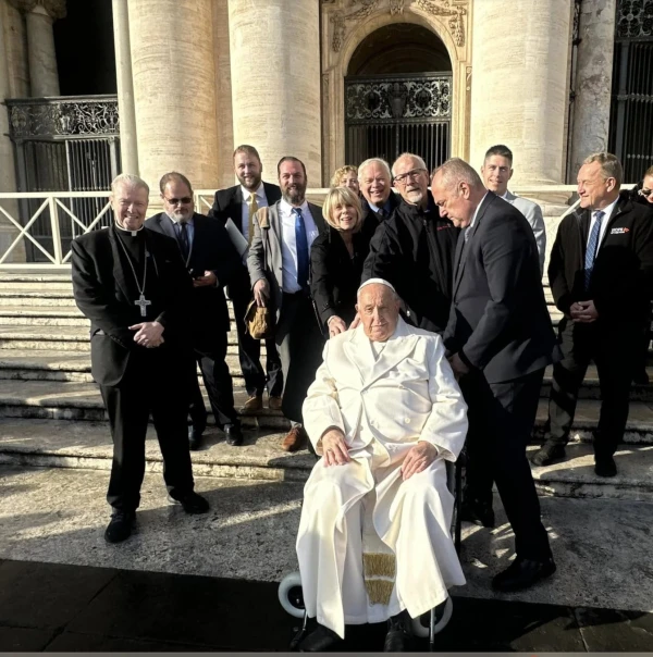 Pope Francis is pictured here with Bishop Edward Scharfenberger of Albany, New York, and several members of the Catholic Land Movement during a recent visit to the Vatican. Credit: Photo courtesy of the Catholic Land Movement