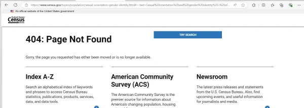 Snimka zaslona novog rezultata pretraživanja za „seksualnu orijentaciju i rodni identitet“ na web stranici američkog Biroa za popis stanovništva. Kredit: američki ured za popis stanovništva