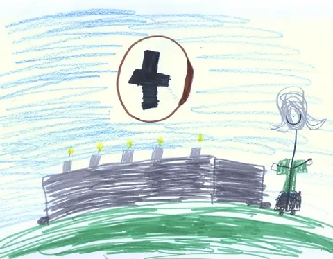 Matt’s drawing of a person standing next to an altar with the Eucharist. Matt has autism and is nonverbal, and gave Mary Mirrione this drawing at a CGS retreat. Credit: Courtesy of Mary Mirrione