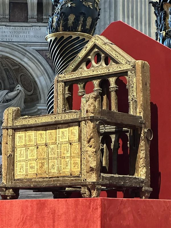 A physical relic known as the Chair of St. Peter is housed in St. Peter’s Basilica. The wooden chair, dating back to the ninth century, was displayed for public veneration in the fall of 2024 amid the restoration efforts underway in the basilica. Credit: Matthew Bunson