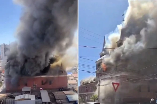 Historic St. Anthony of Padua Church in Iquique, Chile engulfed in flames.?w=200&h=150