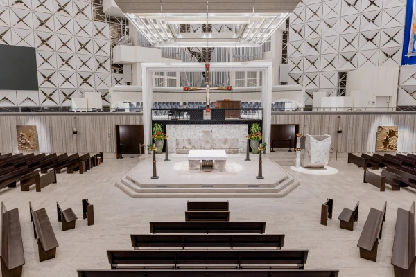 The interior of Christ Cathedral is pictured at night on Aug. 21, 2024. The building formerly known as the Crystal Cathedral was extensively renovated to accommodate Catholic worship needs and traditions. Credit: Kaylee Toole / Diocese of Orange