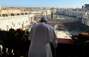 With a cane in his right hand, 86-year-old Pope Francis delivers his 10th Christmas "Urbi et Orbi" blessing on Dec. 25, 2022. Vatican Media