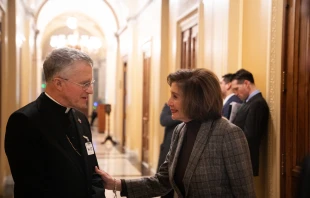 Archbishop Timothy Broglio speaks with Rep. Nancy Pelosi after a Mass held at the U.S. Capitol on Dec. 12, 2024, the feast of Our Lady of Guadalupe. Credit: Migi Fabara/CNA