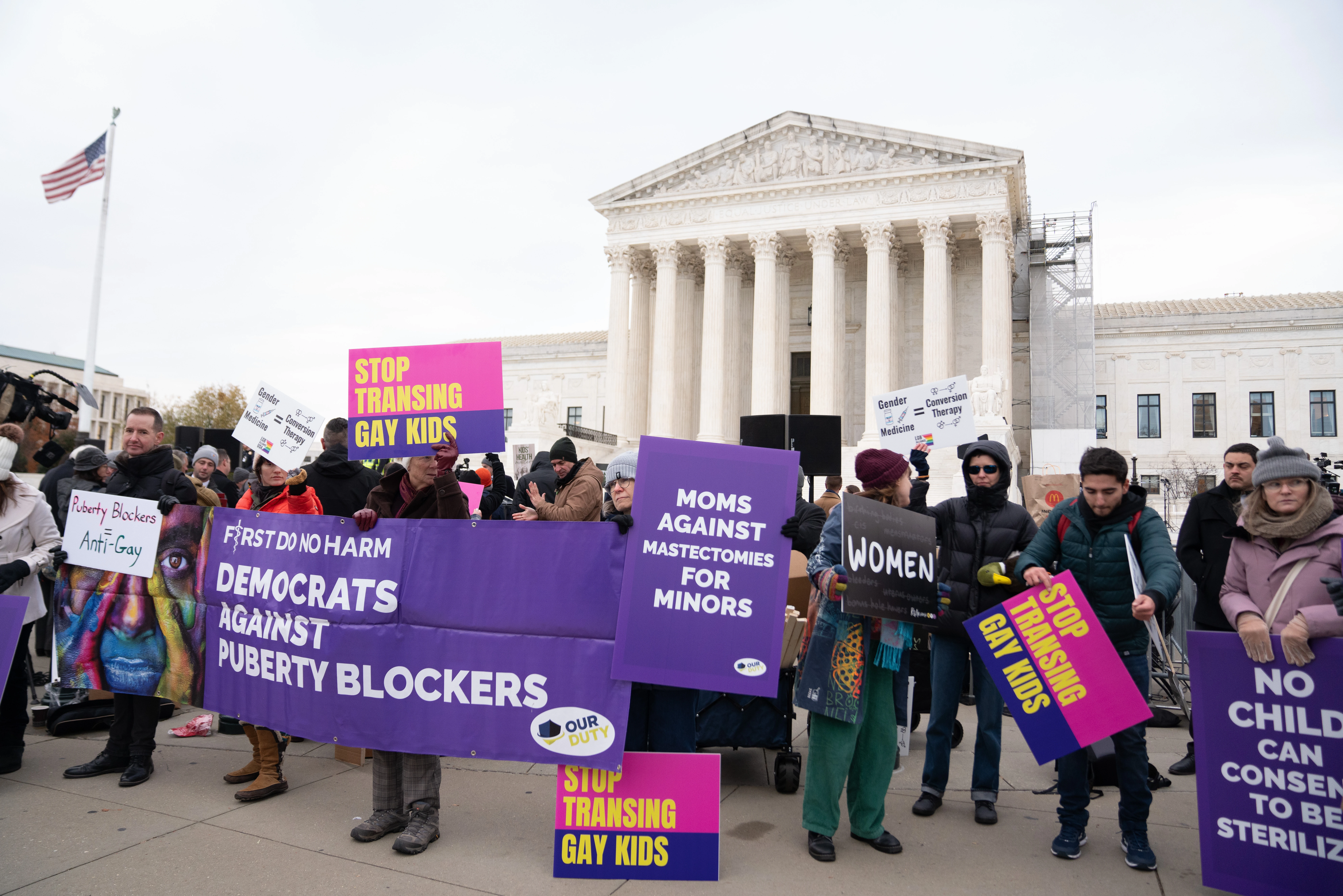 Opponents of transgender treatments on children gather in front of the U.S. Supreme Court building in Washington, D.C., on Dec. 4, 2024, as justices hear oral arguments for a challenge to a Tennessee law banning transgender surgeries and hormones for minors.?w=200&h=150