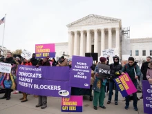 Opponents of transgender treatments on children gather in front of the U.S. Supreme Court building in Washington, D.C., on Dec. 4, 2024, as justices hear oral arguments for a challenge to a Tennessee law banning transgender surgeries and hormones for minors.