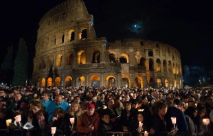 Pilgrims gather for the Stations of the Cross at the Colosseum in Rome on Good Friday, April 3, 2015. Vatican Media.