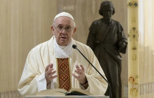 Pope Francis celebrates Mass in the chapel of the Casa Santa Marta on May 1, 2020, the feast of St. Joseph the Worker. Credit: Vatican Media