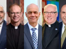From left to right: Robert Neal, chairman of The Catholic University of America’s Board of Trustees; Father Robert Dowd, president of the University of Notre Dame; George Harne, president of Christendom College; Monsignor Joseph Reilly, president of Seton Hall University; and Gerard Joyce, president of Mount St. Mary’s University.