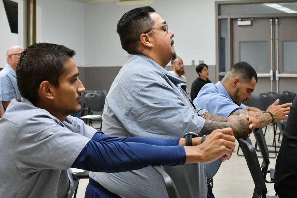 Josue Puga spends time in prayer during the National Eucharistic Pilgrimage’s visit to Pickaway Correctional Institution near Columbus, Ohio, on June 28, 2024. Credit: Catholic Times/Ken Snow