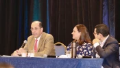 Alejandro Aguilera-Titus (at left), lead staff for Hispanic/Latino Ministry at the United States Conference of Catholic Bishops, speaks during the 2024 Conference of the National Catholic Association of Diocesan Directors for Hispanic Ministry, which took place from Oct. 8–11. Next to him is Lorianne Aubut of the Diocese of Madison, Wisconsin, and Edwin Ferrera of the Archdiocese of Seattle.