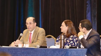 Alejandro Aguilera-Titus (at left), lead staff for Hispanic/Latino Ministry at the United States Conference of Catholic Bishops, speaks during the 2024 Conference of the National Catholic Association of Diocesan Directors for Hispanic Ministry, which took place from Oct. 8–11. Next to him is Lorianne Aubut of the Diocese of Madison, Wisconsin, and Edwin Ferrera of the Archdiocese of Seattle.