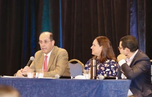 Alejandro Aguilera-Titus (at left), lead staff for Hispanic/Latino Ministry at the United States Conference of Catholic Bishops, speaks during the 2024 Conference of the National Catholic Association of Diocesan Directors for Hispanic Ministry, which took place from Oct. 8–11. Next to him is Lorianne Aubut of the Diocese of Madison, Wisconsin, and Edwin Ferrera of the Archdiocese of Seattle. Credit: Emily Chaffins